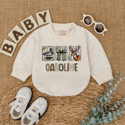 Custom CAROLINE Baby Girl Hunting Romper with Deer Duck Graphics Camo Ribbon Design Newborn Bodysuit Rustic Baby Shower Gift