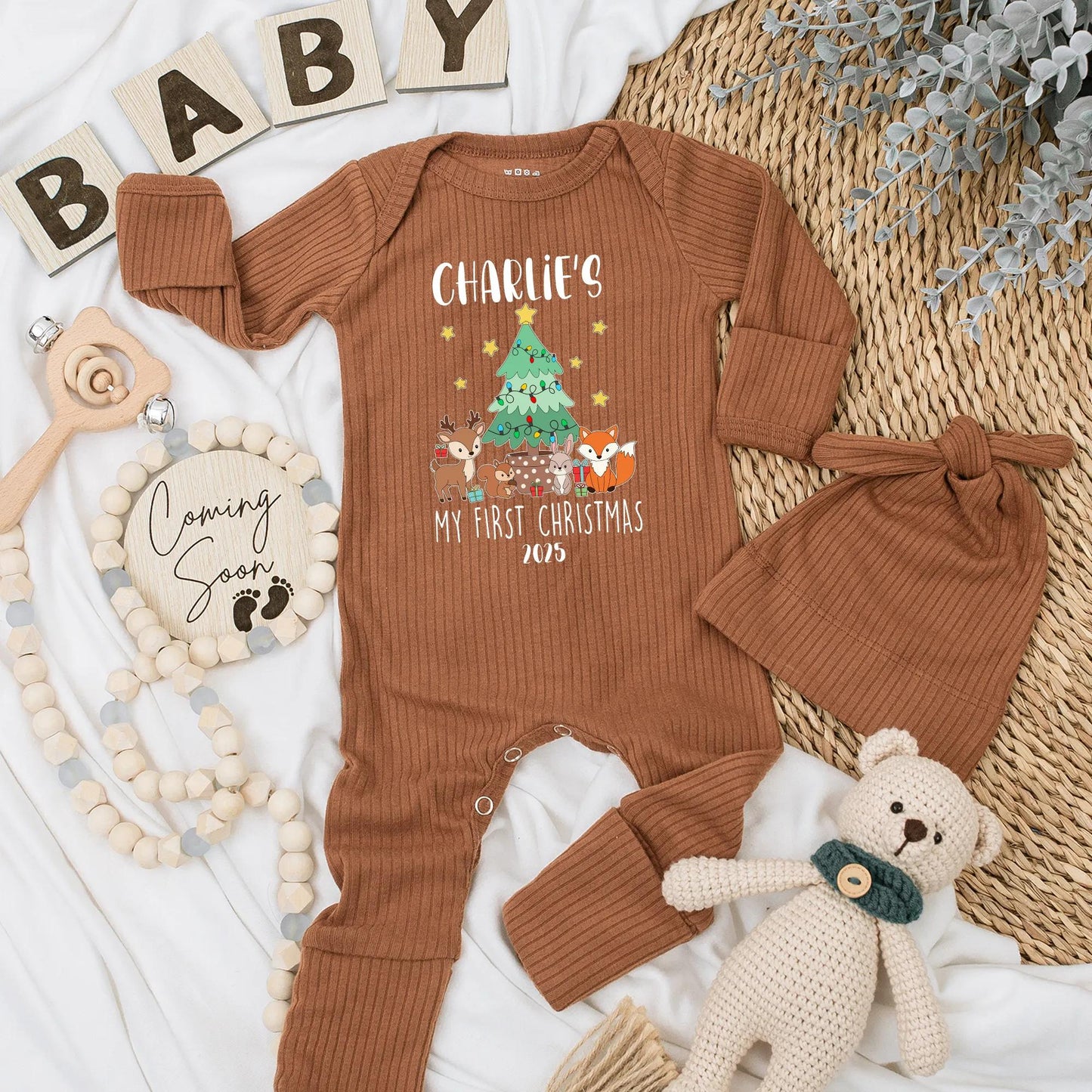 Personalized My First Christmas Baby Bodysuit 2025, Woodland Animals Outfit, Custom Name, Cute Festive Newborn Gift, Xmas Tree Deer Fox Clothes (137 chars)