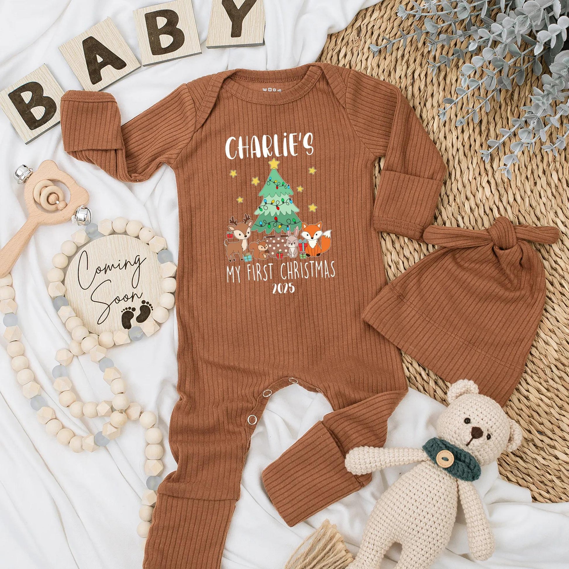 Personalized My First Christmas Baby Bodysuit 2025, Woodland Animals Outfit, Custom Name, Cute Festive Newborn Gift, Xmas Tree Deer Fox Clothes (137 chars)