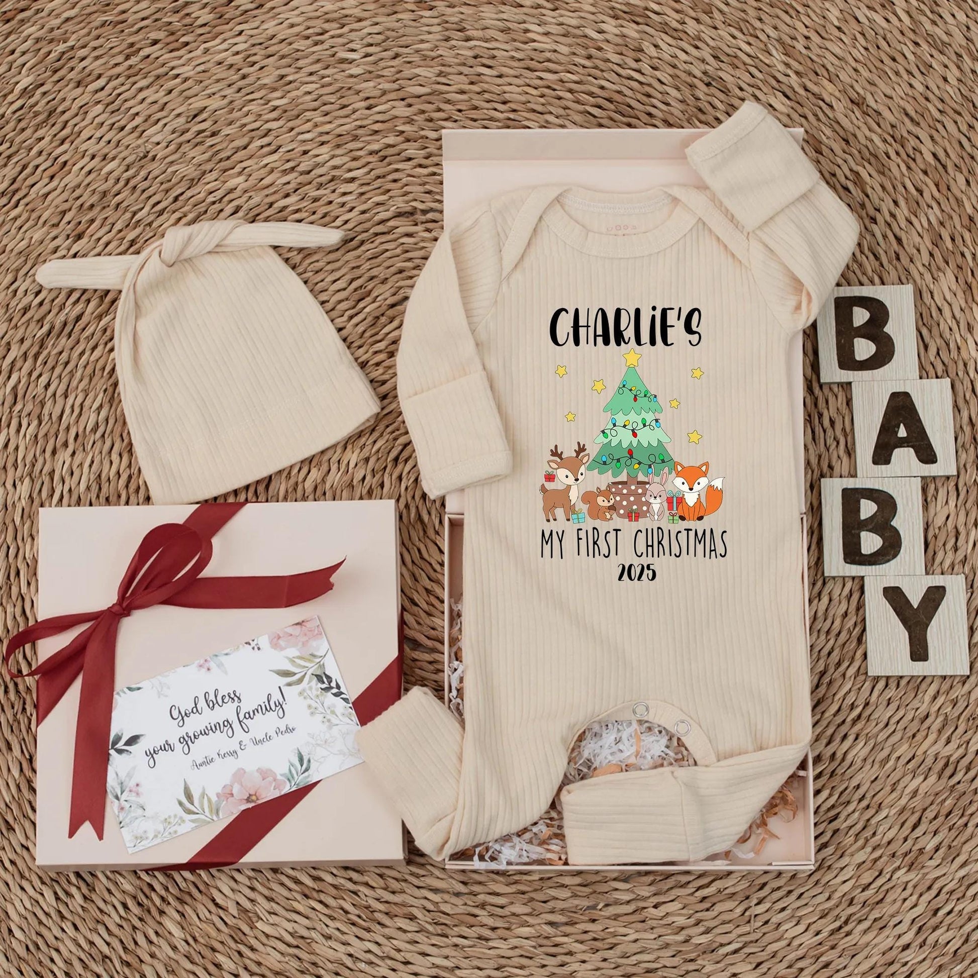 Personalized My First Christmas Baby Bodysuit 2025, Woodland Animals Outfit, Custom Name, Cute Festive Newborn Gift, Xmas Tree Deer Fox Clothes (137 chars)