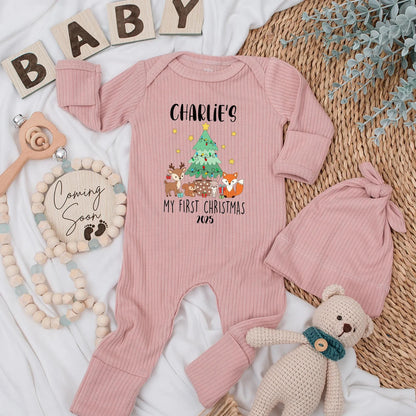 Personalized My First Christmas Baby Bodysuit 2025, Woodland Animals Outfit, Custom Name, Cute Festive Newborn Gift, Xmas Tree Deer Fox Clothes (137 chars)