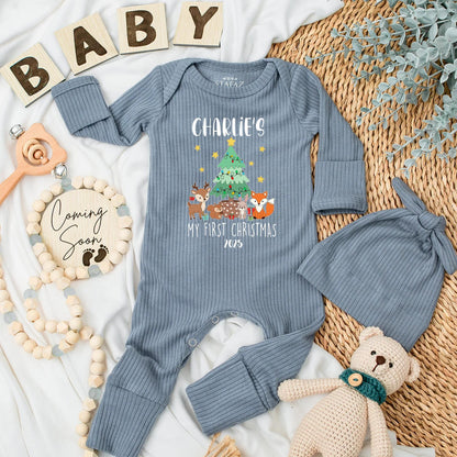 Personalized My First Christmas Baby Bodysuit 2025, Woodland Animals Outfit, Custom Name, Cute Festive Newborn Gift, Xmas Tree Deer Fox Clothes (137 chars)