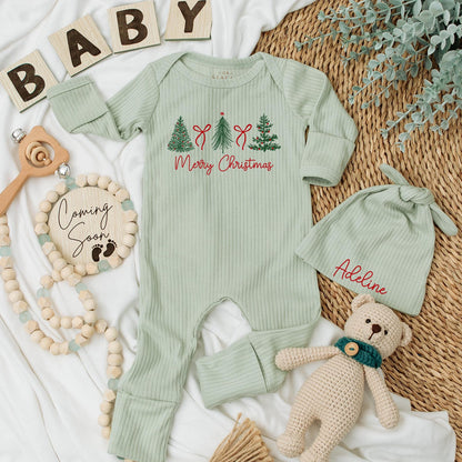 My First Christmas Baby Bodysuit Outfit with Red Bow Cute Newborn Romper Winter Clothes Xmas Gift Adorable Coming Home Outfit with Christmas Trees 137