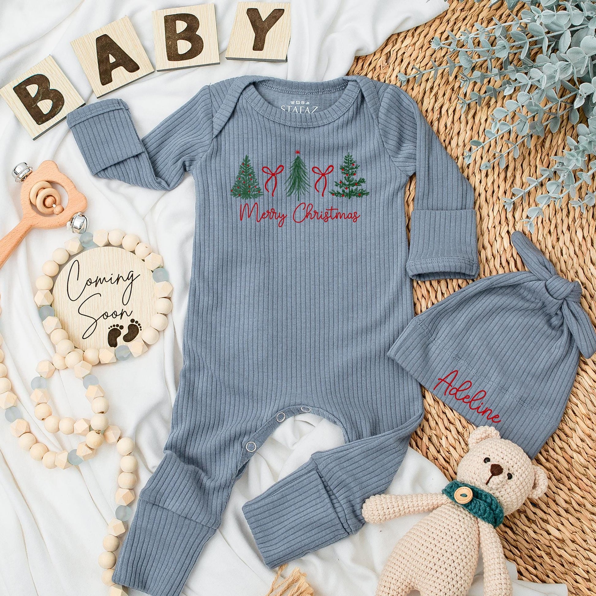 My First Christmas Baby Bodysuit Outfit with Red Bow Cute Newborn Romper Winter Clothes Xmas Gift Adorable Coming Home Outfit with Christmas Trees 137