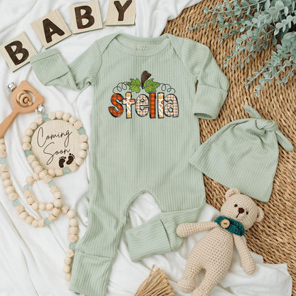 Personalized Name Pumpkin Baby Bodysuit Cute Thanksgiving Outfit Newborn Fall Romper Autumn Baby Girl First Thanksgiving Clothes Gift