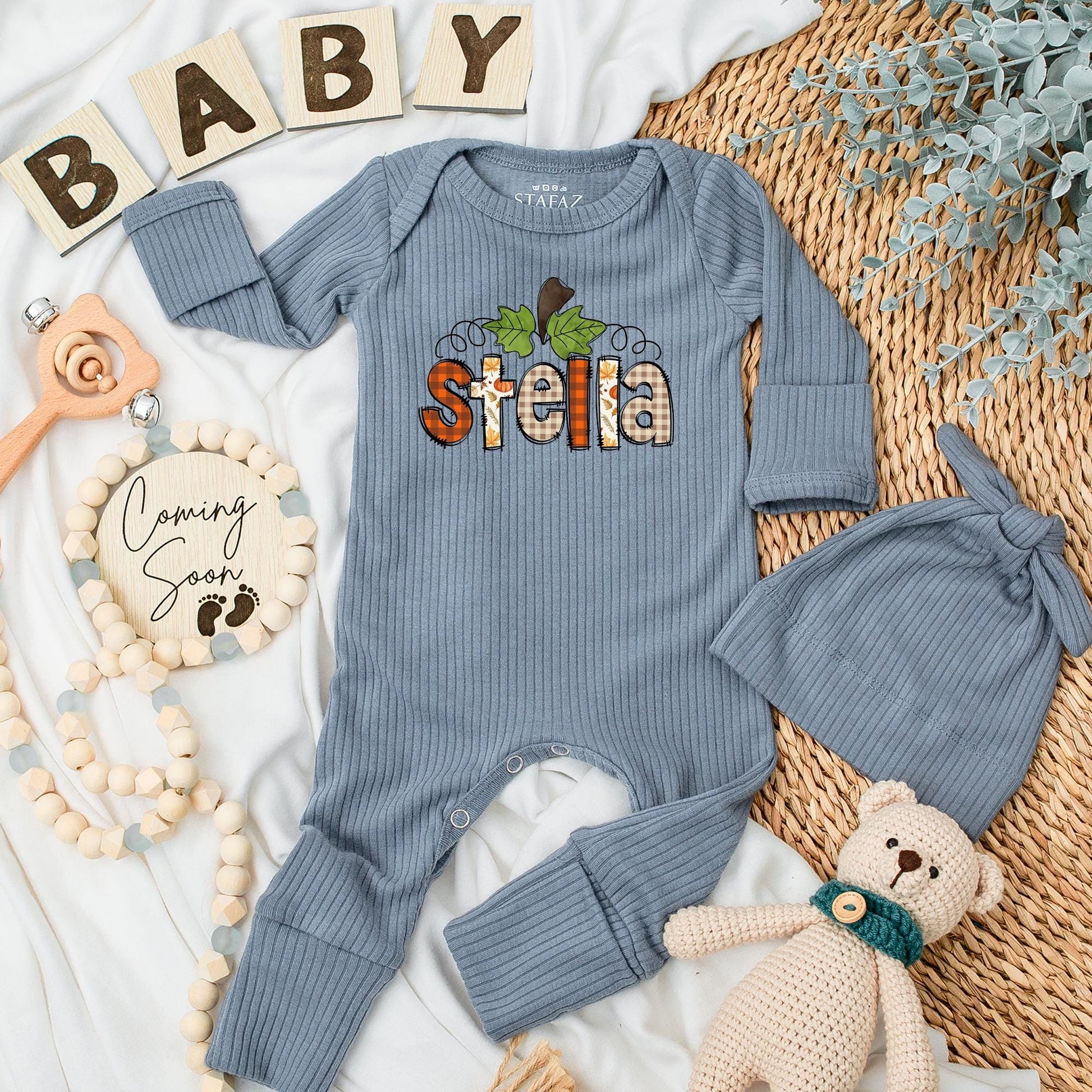 Personalized Name Pumpkin Baby Bodysuit Cute Thanksgiving Outfit Newborn Fall Romper Autumn Baby Girl First Thanksgiving Clothes Gift