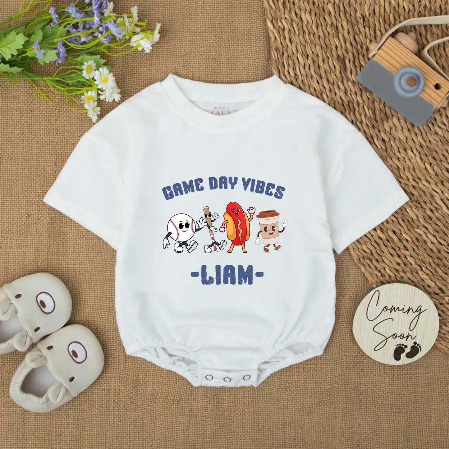 Custom Liam's Game Day Vibes Bodysuit, Cartoon Baseball Hot Dog & Bubble Tea Romper, Funny Sports Outfit, Cheerful Baby Clothes, Unique Newborn Gift 