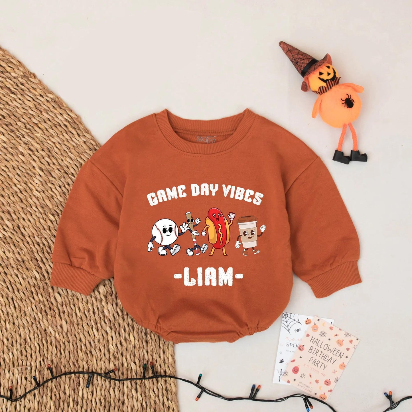 Custom Liam's Game Day Vibes Bodysuit, Cartoon Baseball Hot Dog & Bubble Tea Romper, Funny Sports Outfit, Cheerful Baby Clothes, Unique Newborn Gift 