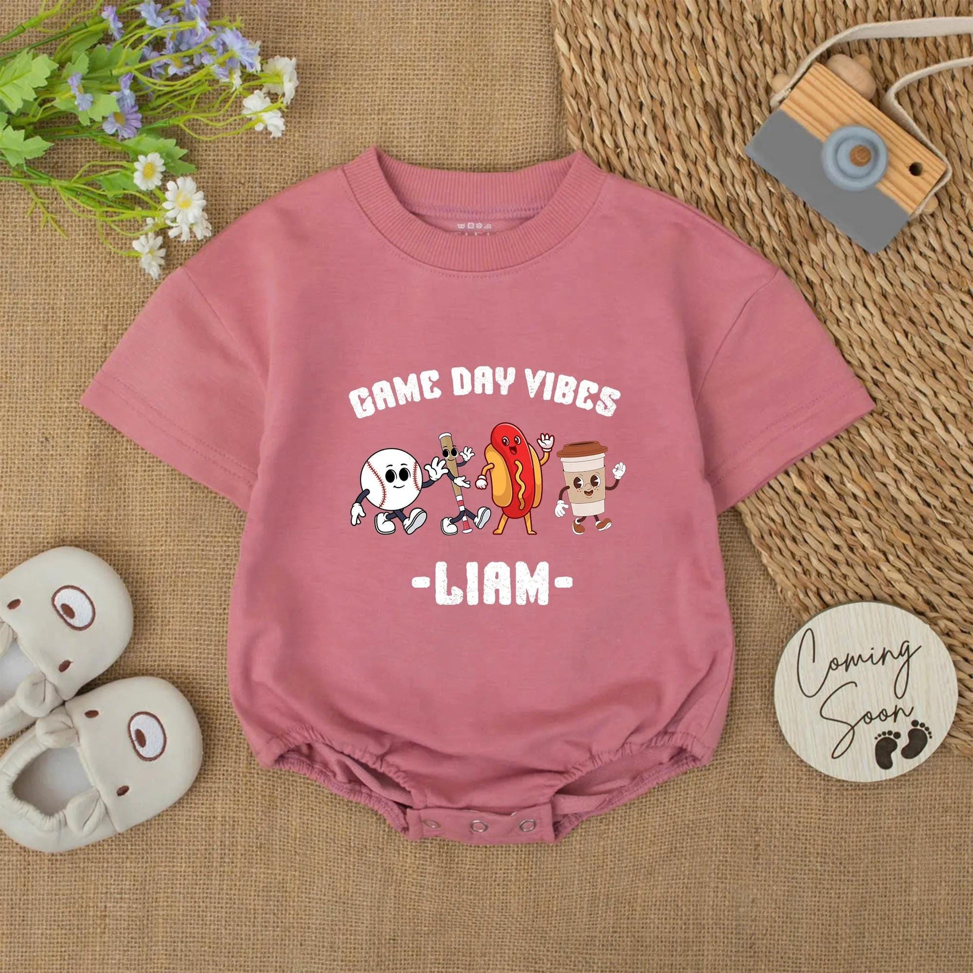 Custom Liam's Game Day Vibes Bodysuit, Cartoon Baseball Hot Dog & Bubble Tea Romper, Funny Sports Outfit, Cheerful Baby Clothes, Unique Newborn Gift 