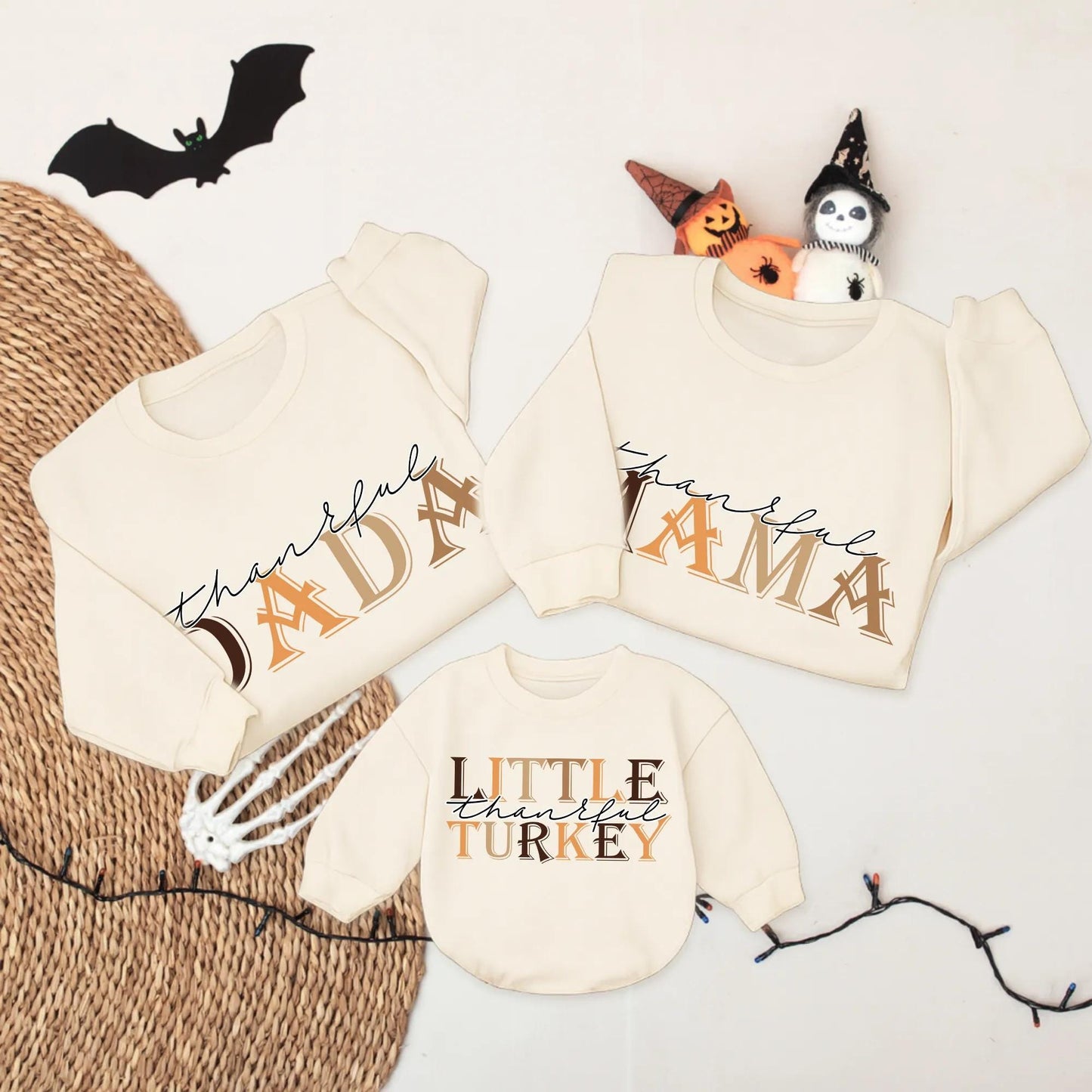 Thankful Mama and Mini Mommy and Me Thanksgiving Sweatshirts Brown Autumn Hues Fall Apparel Cursive Block Font Vintage Modern Style