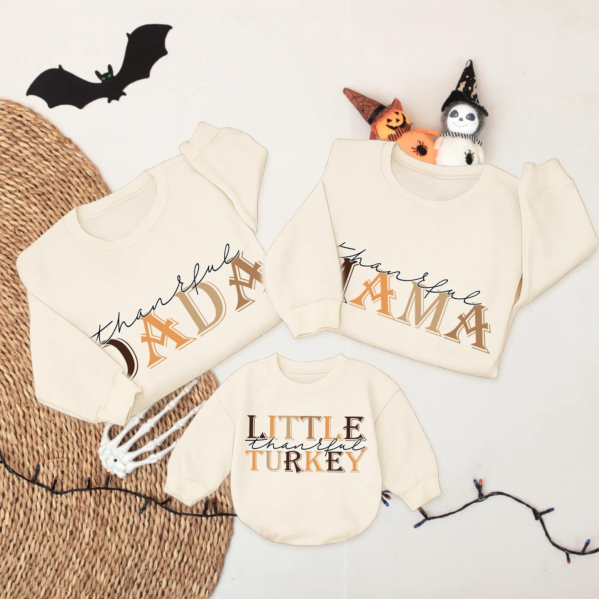 Thankful Mama and Mini Mommy and Me Thanksgiving Sweatshirts Brown Autumn Hues Fall Apparel Cursive Block Font Vintage Modern Style