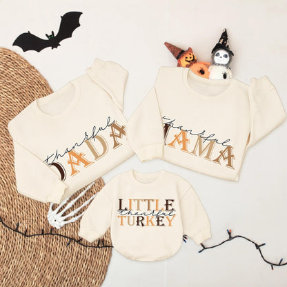 Thankful Mama and Mini Mommy and Me Thanksgiving Sweatshirts Brown Autumn Hues Fall Apparel Cursive Block Font Vintage Modern Style