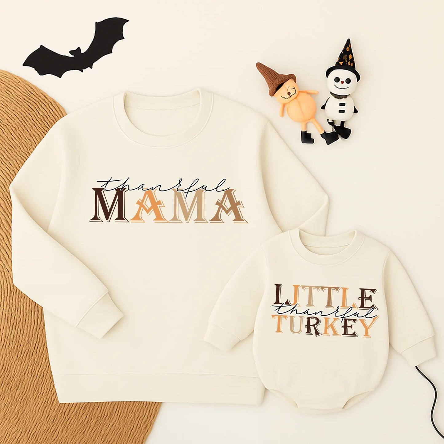 Thankful Mama and Mini Mommy and Me Thanksgiving Sweatshirts Brown Autumn Hues Fall Apparel Cursive Block Font Vintage Modern Style
