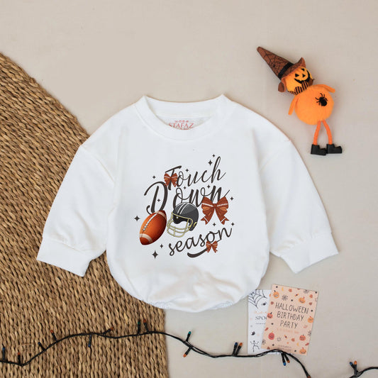 Touch Down Season Baby Boy Football Bubble Romper Game Day Bodysuit Festive Helmet and Brown Bow Graphics Infant Toddler Shower Gift