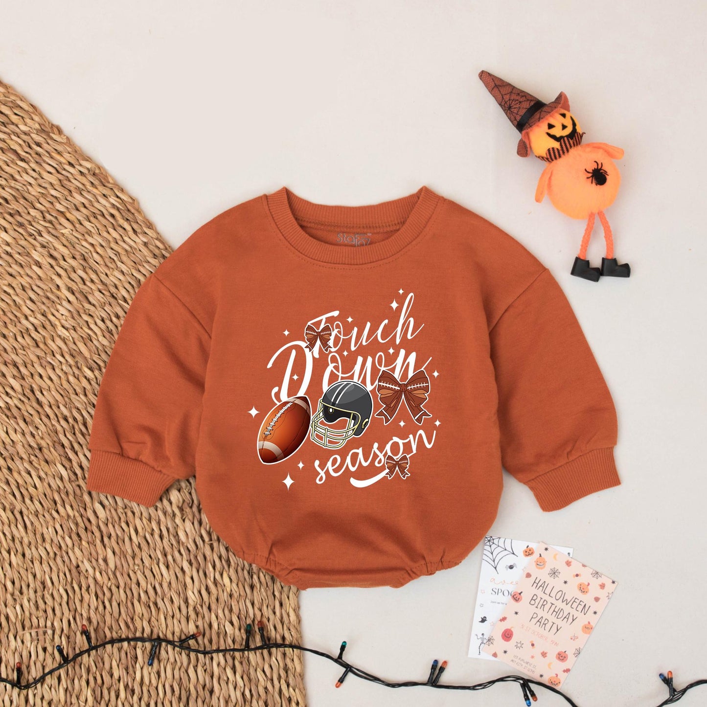 Touch Down Season Baby Boy Football Bubble Romper Game Day Bodysuit Festive Helmet and Brown Bow Graphics Infant Toddler Shower Gift