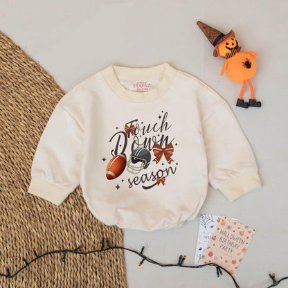 Touch Down Season Baby Boy Football Bubble Romper Game Day Bodysuit Festive Helmet and Brown Bow Graphics Infant Toddler Shower Gift