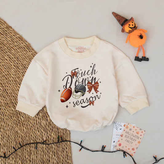 Touch Down Season Baby Boy Football Bubble Romper Game Day Bodysuit Festive Helmet and Brown Bow Graphics Infant Toddler Shower Gift
