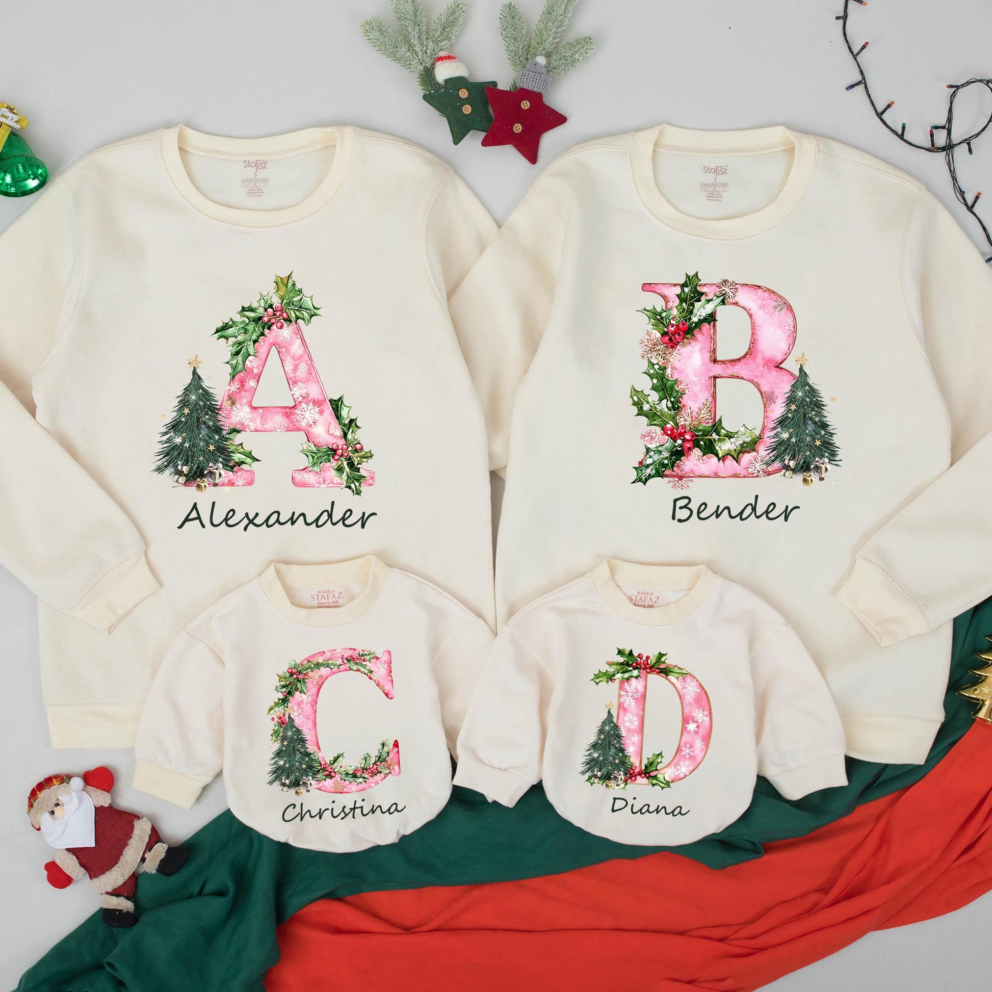 Personalized Christmas Family Sweatshirt with Initial Name Holiday Design Festive Pink Pattern Holly Berries Tree Cozy Thoughtful Present