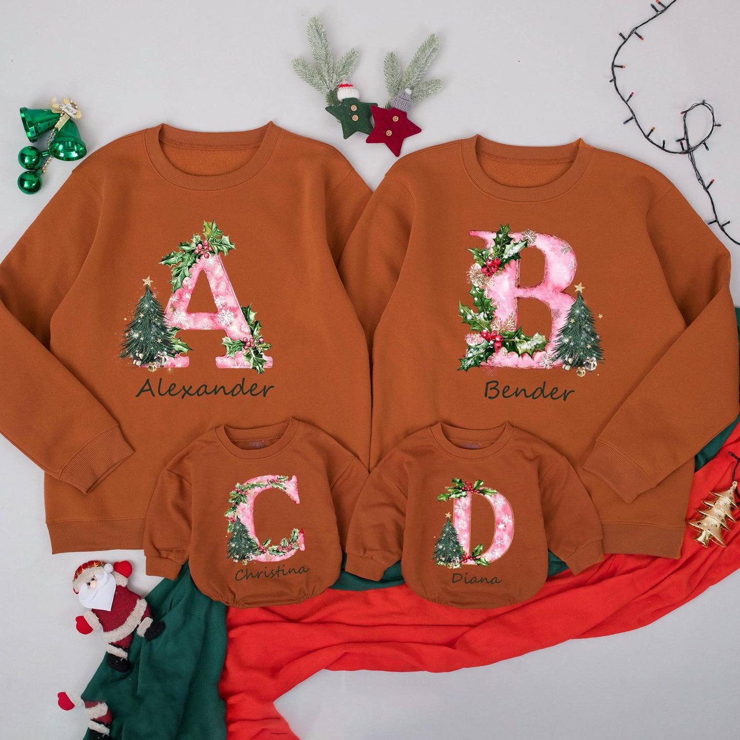 Personalized Christmas Family Sweatshirt with Initial Name Holiday Design Festive Pink Pattern Holly Berries Tree Cozy Thoughtful Present