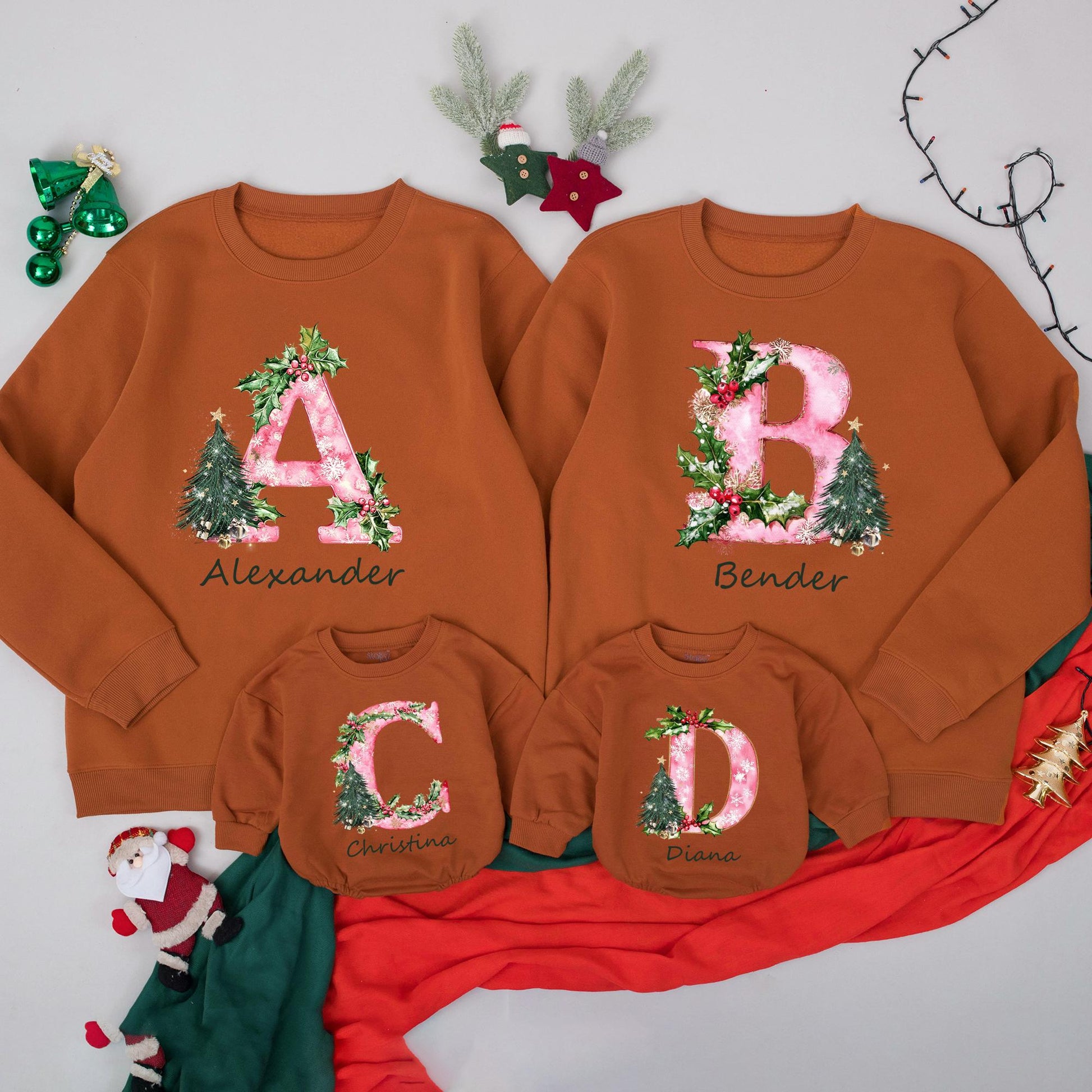 Personalized Christmas Family Sweatshirt with Initial Name Holiday Design Festive Pink Pattern Holly Berries Tree Cozy Thoughtful Present