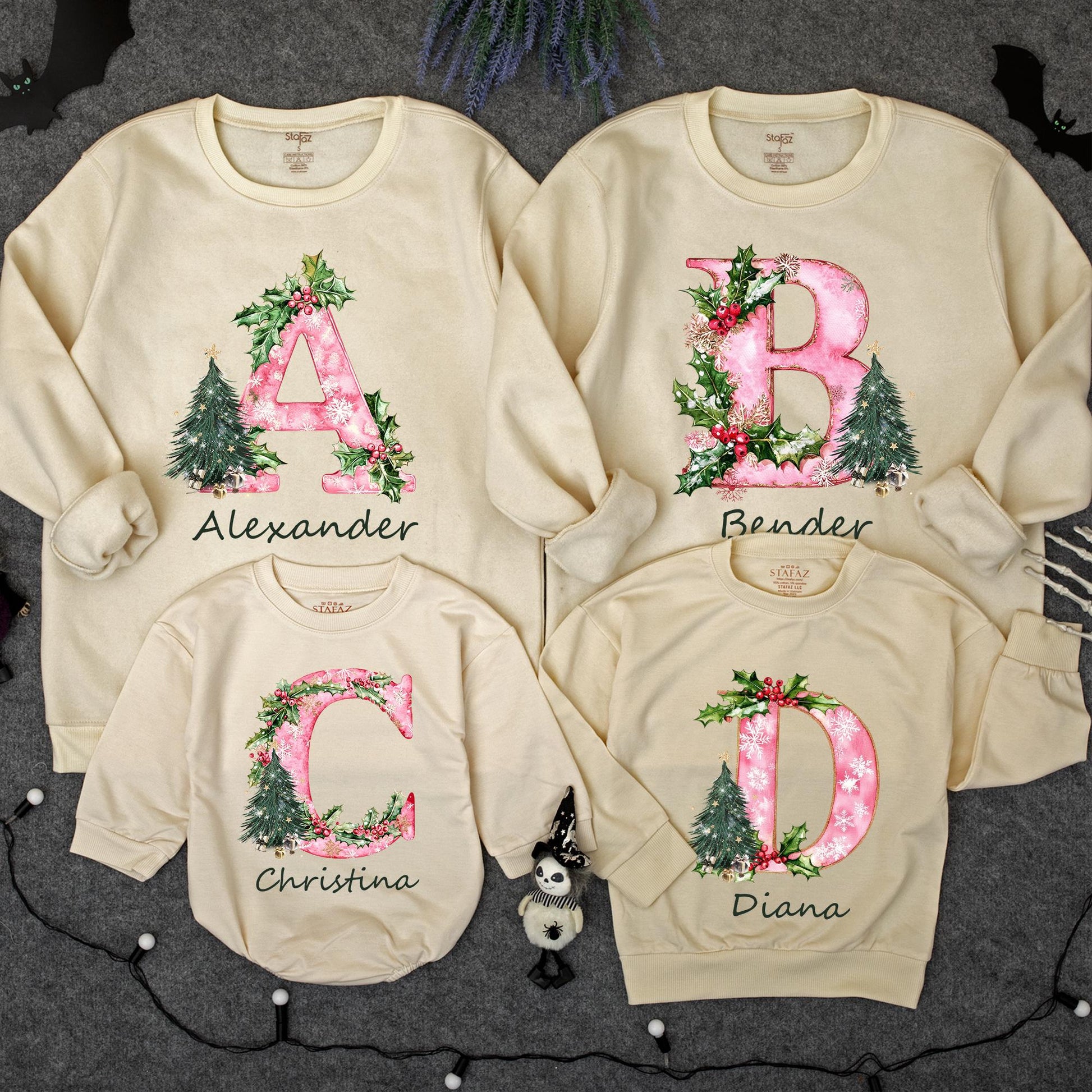 Personalized Christmas Family Sweatshirt with Initial Name Holiday Design Festive Pink Pattern Holly Berries Tree Cozy Thoughtful Present