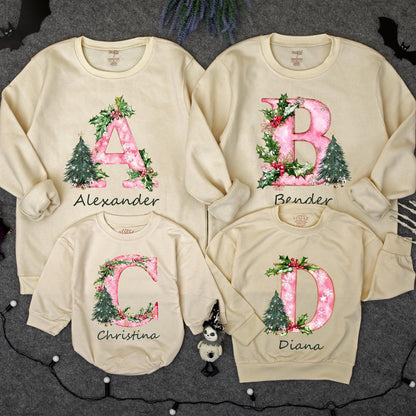 Personalized Christmas Family Sweatshirt with Initial Name Holiday Design Festive Pink Pattern Holly Berries Tree Cozy Thoughtful Present