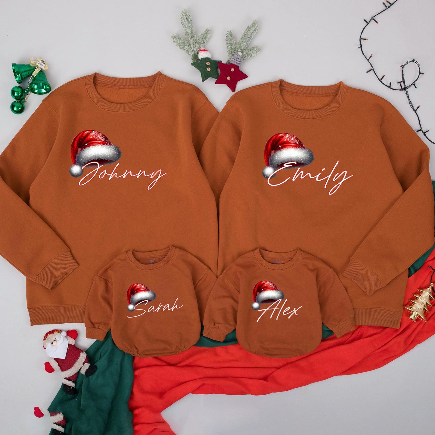 Personalized Christmas Family Sweatshirt with Santa Hat Name Design Festive Holiday Matching Xmas Outfits for Mom Dad Kids Playful Celebration Gear