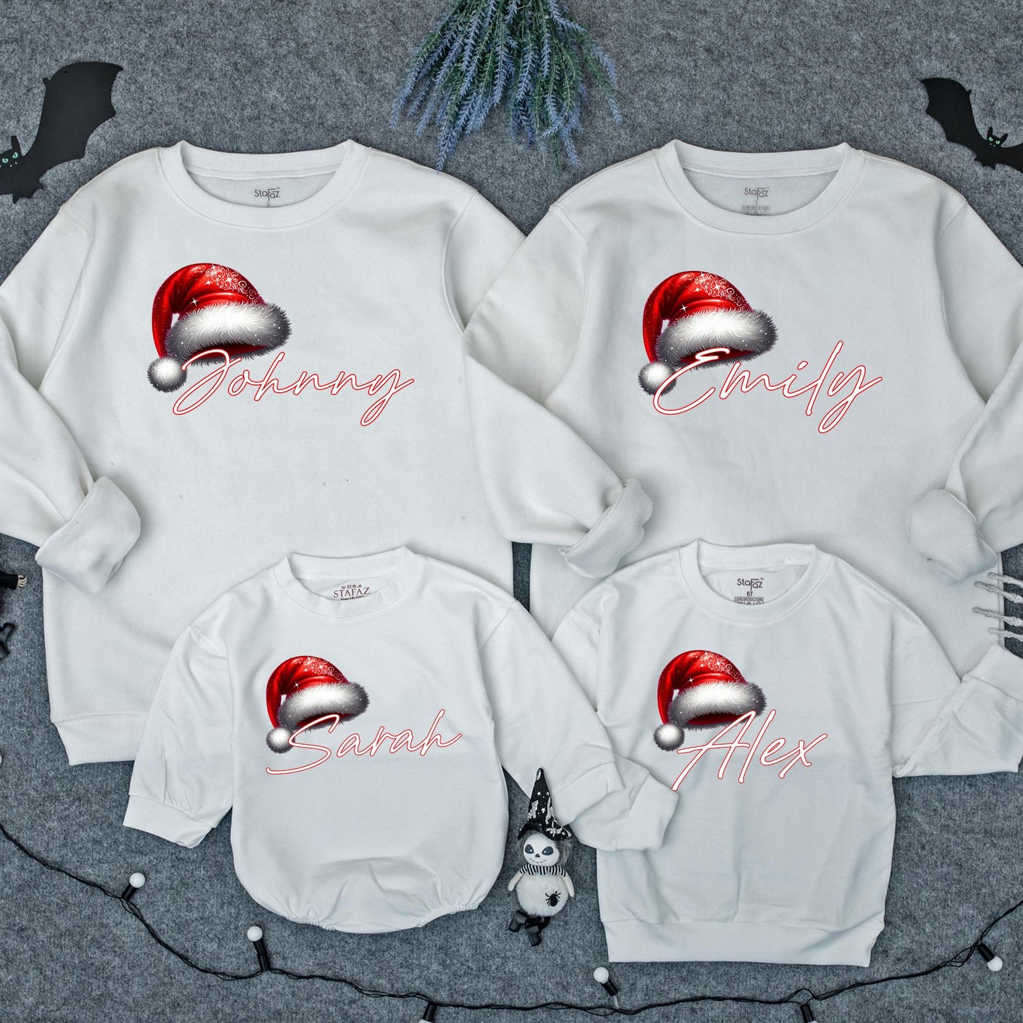 Personalized Christmas Family Sweatshirt with Santa Hat Name Design Festive Holiday Matching Xmas Outfits for Mom Dad Kids Playful Celebration Gear