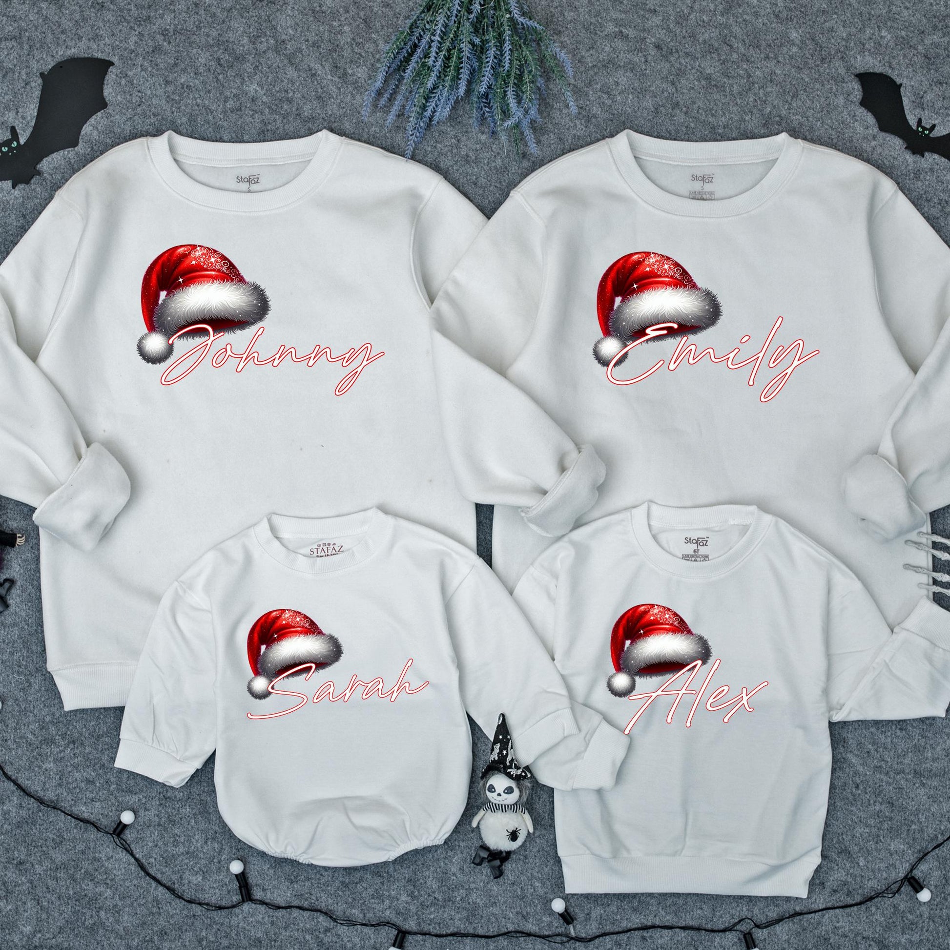 Personalized Christmas Family Sweatshirt with Santa Hat Name Design Festive Holiday Matching Xmas Outfits for Mom Dad Kids Playful Celebration Gear