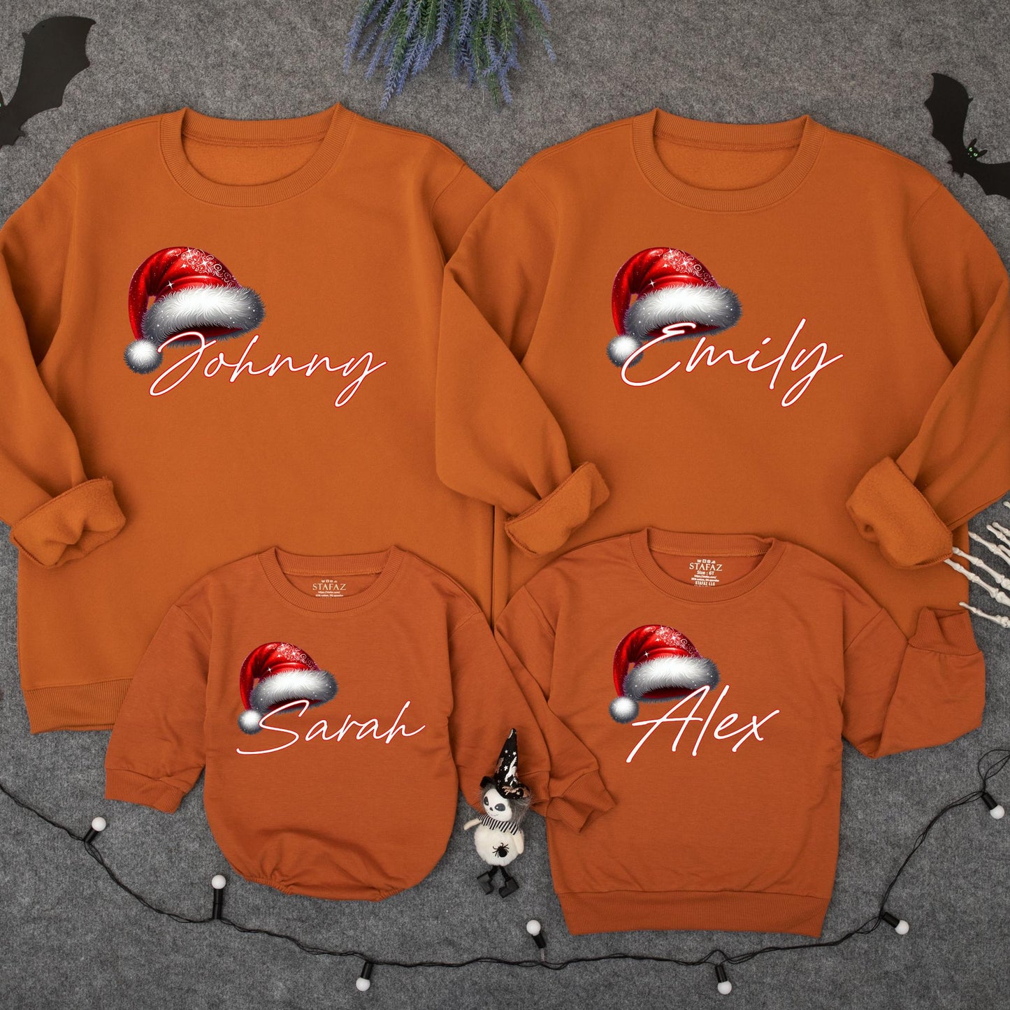 Personalized Christmas Family Sweatshirt with Santa Hat Name Design Festive Holiday Matching Xmas Outfits for Mom Dad Kids Playful Celebration Gear