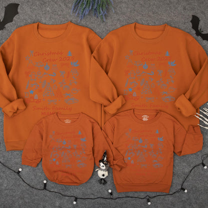 Custom Matching Family Christmas Crew 2025 Sweatshirt Whimsical Red Blue Illustrations Festive Smith Family Name Holiday Outfit