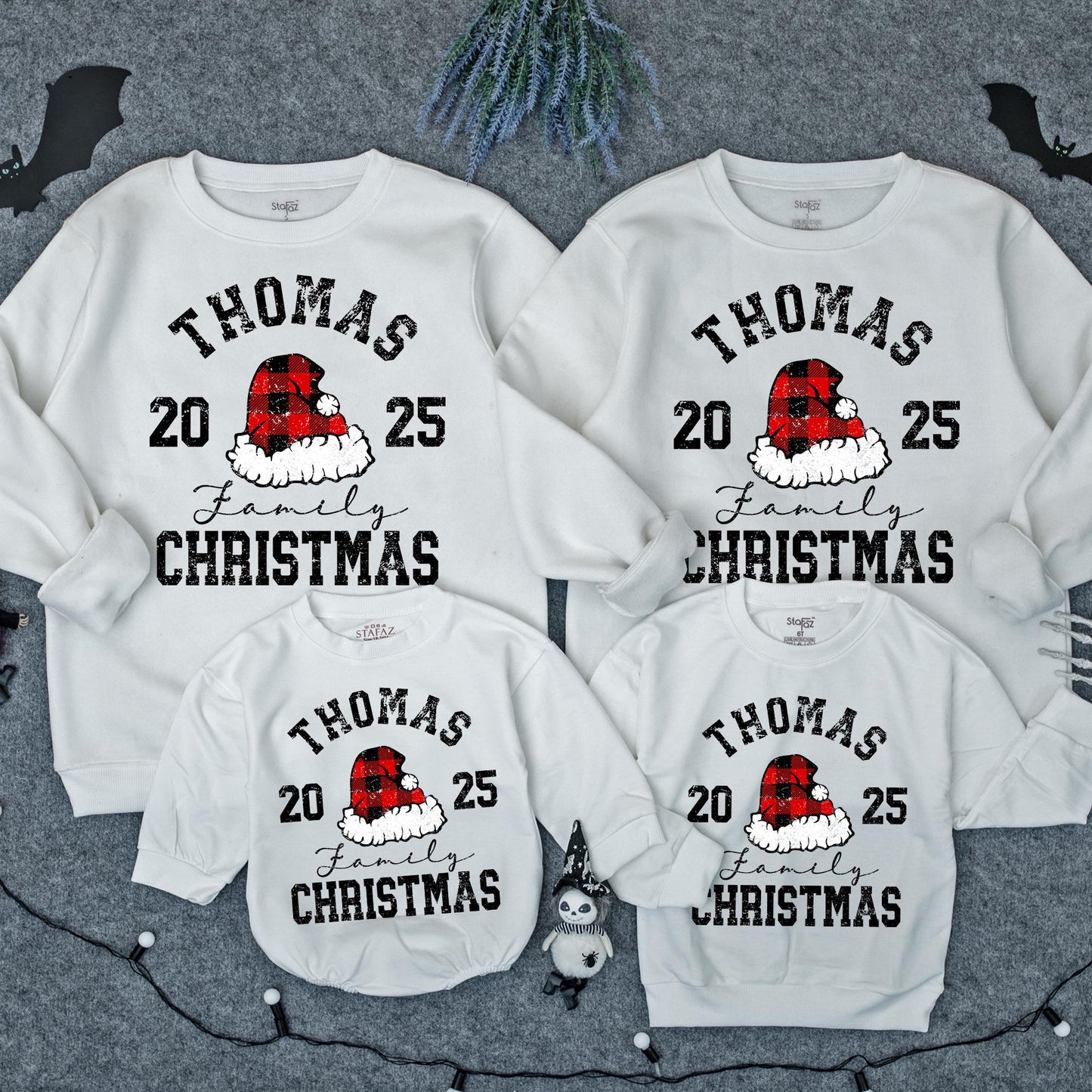 Personalized Family Christmas Sweatshirt 2025 Matching Holiday Crewneck Sweater with Your Name Red Black Plaid Santa Hat Distressed Design Kids Adults