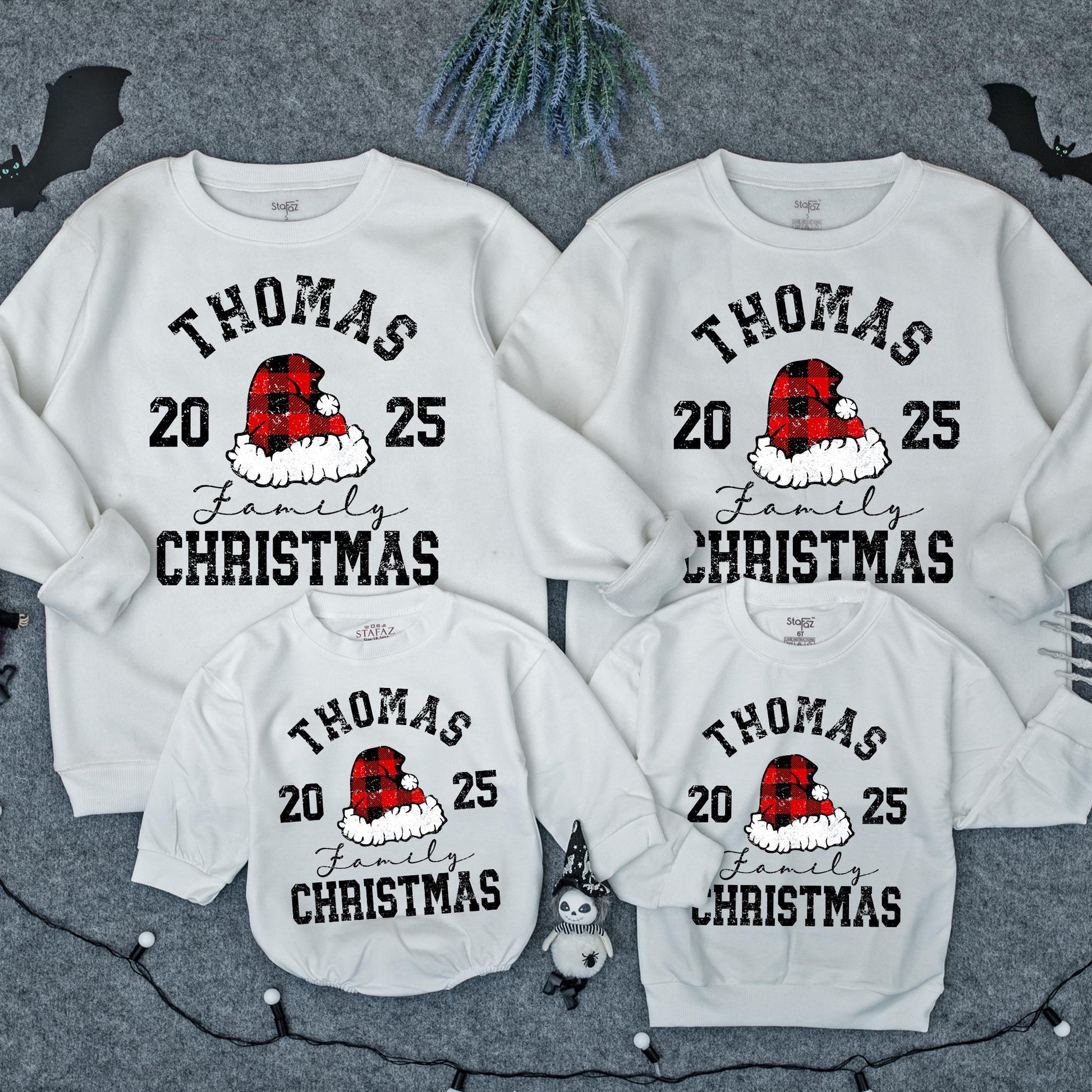Personalized Family Christmas Sweatshirt 2025 Matching Holiday Crewneck Sweater with Your Name Red Black Plaid Santa Hat Distressed Design Kids Adults