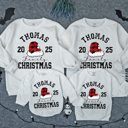 Personalized Family Christmas Sweatshirt 2025 Matching Holiday Crewneck Sweater with Your Name Red Black Plaid Santa Hat Distressed Design Kids Adults