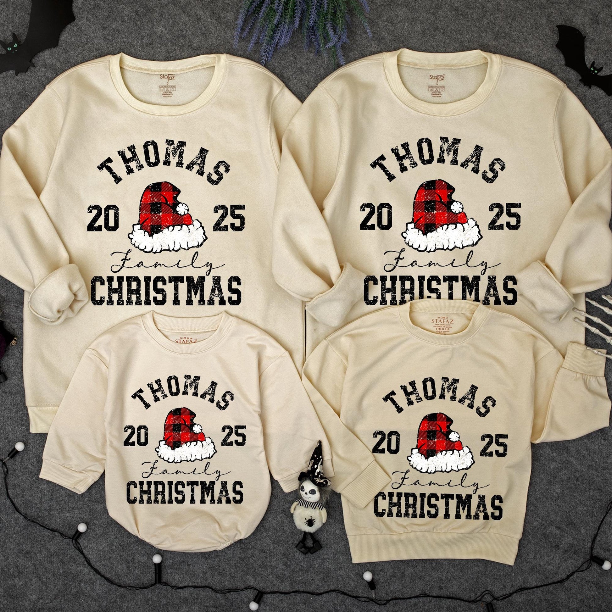Personalized Family Christmas Sweatshirt 2025 Matching Holiday Crewneck Sweater with Your Name Red Black Plaid Santa Hat Distressed Design Kids Adults
