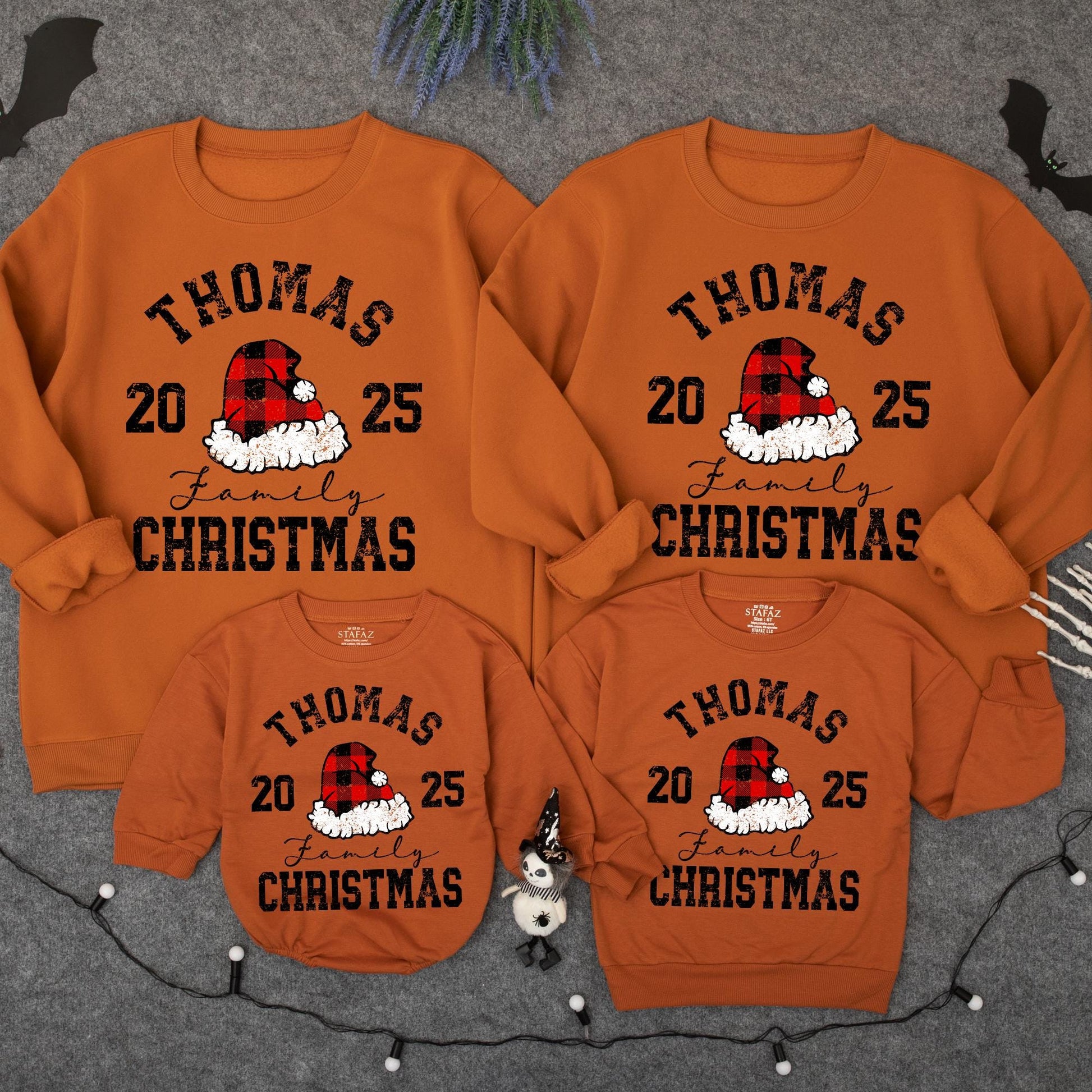 Personalized Family Christmas Sweatshirt 2025 Matching Holiday Crewneck Sweater with Your Name Red Black Plaid Santa Hat Distressed Design Kids Adults