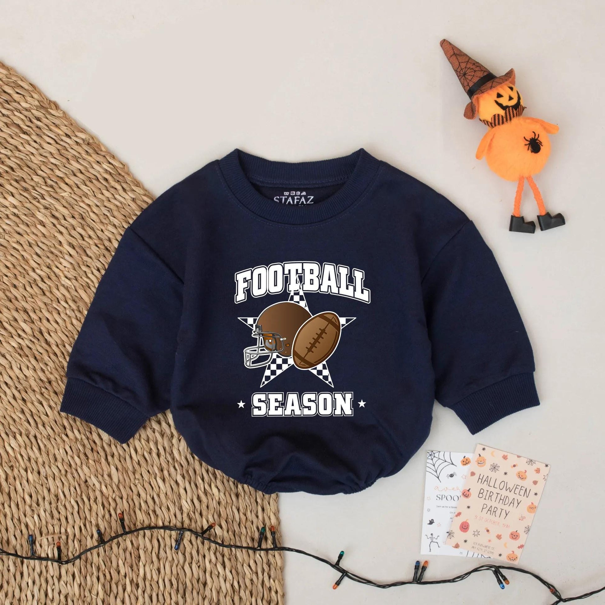 Football Season Baby Bubble Romper Game Day Helmet Star Checkerboard Design Brown Shades Playful Sporty Bodysuit Newborn Outfit Fall Clothes