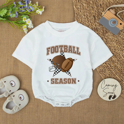 Football Season Baby Bubble Romper Game Day Helmet Star Checkerboard Design Brown Shades Playful Sporty Bodysuit Newborn Outfit Fall Clothes