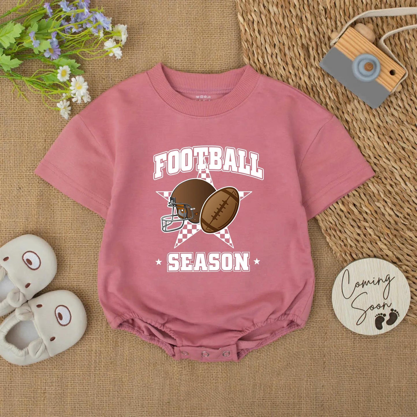 Football Season Baby Bubble Romper Game Day Helmet Star Checkerboard Design Brown Shades Playful Sporty Bodysuit Newborn Outfit Fall Clothes