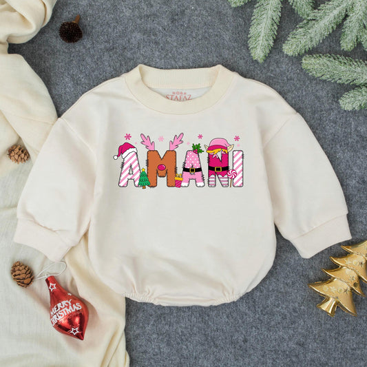 AMANI Girly Pink Christmas Bubble Romper Personalized First Holiday Baby Girl Outfit Toddler Bodysuit Winter Shower Gift