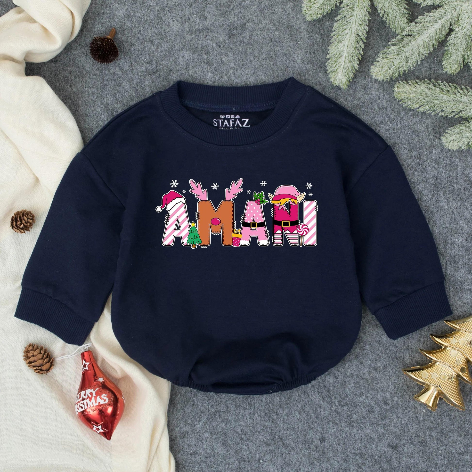 AMANI Girly Pink Christmas Bubble Romper Personalized First Holiday Baby Girl Outfit Toddler Bodysuit Winter Shower Gift