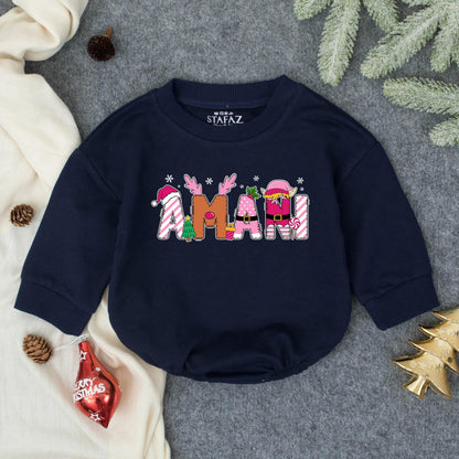 AMANI Girly Pink Christmas Bubble Romper Personalized First Holiday Baby Girl Outfit Toddler Bodysuit Winter Shower Gift