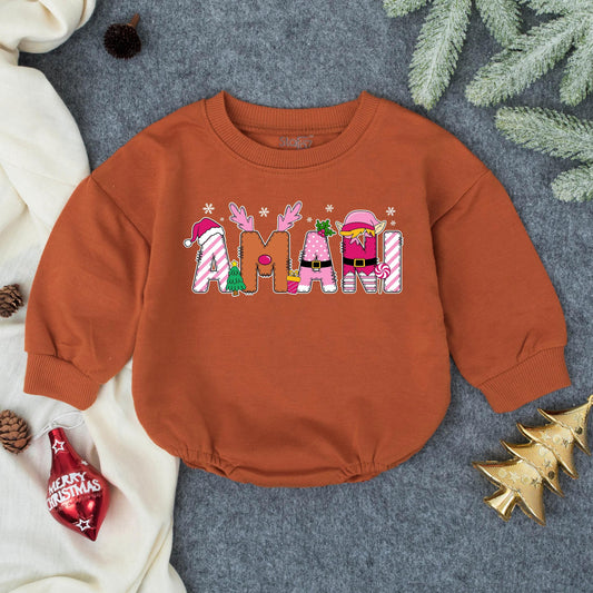 AMANI Girly Pink Christmas Bubble Romper Personalized First Holiday Baby Girl Outfit Toddler Bodysuit Winter Shower Gift