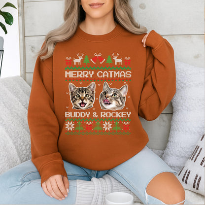 Merry Catmas Pixel Art Sweatshirt for Pet Lovers, Funny Dog & Cat Christmas Sweater, Buddy & Rockey Holiday Gift, Cute Pink Winter Top (139 chars)