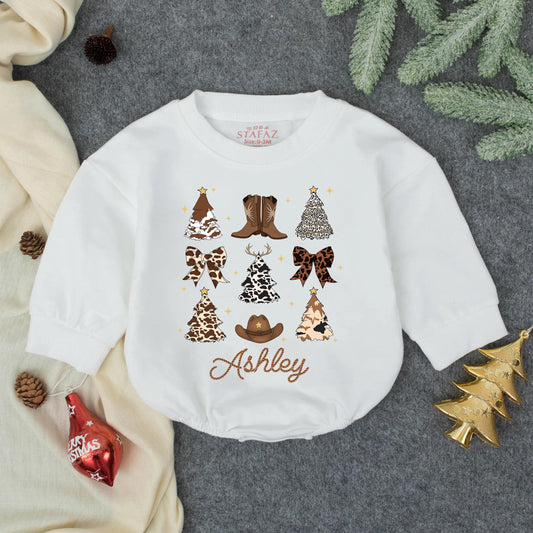 Ashley Howdy Christmas Baby Bubble Romper Personalized Western Cowboy Outfit Toddler First Christmas Gift Browns Creams
