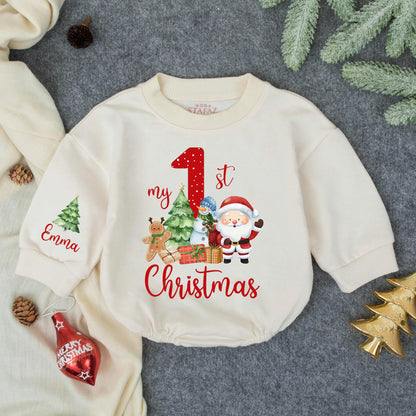 Personalized 1st Christmas Baby Romper Outfit, Custom Name Emma Snowman Holiday Sweatshirt, Red Polka Dot Xmas Gift, Cute Toddler Clothes (139 chars)