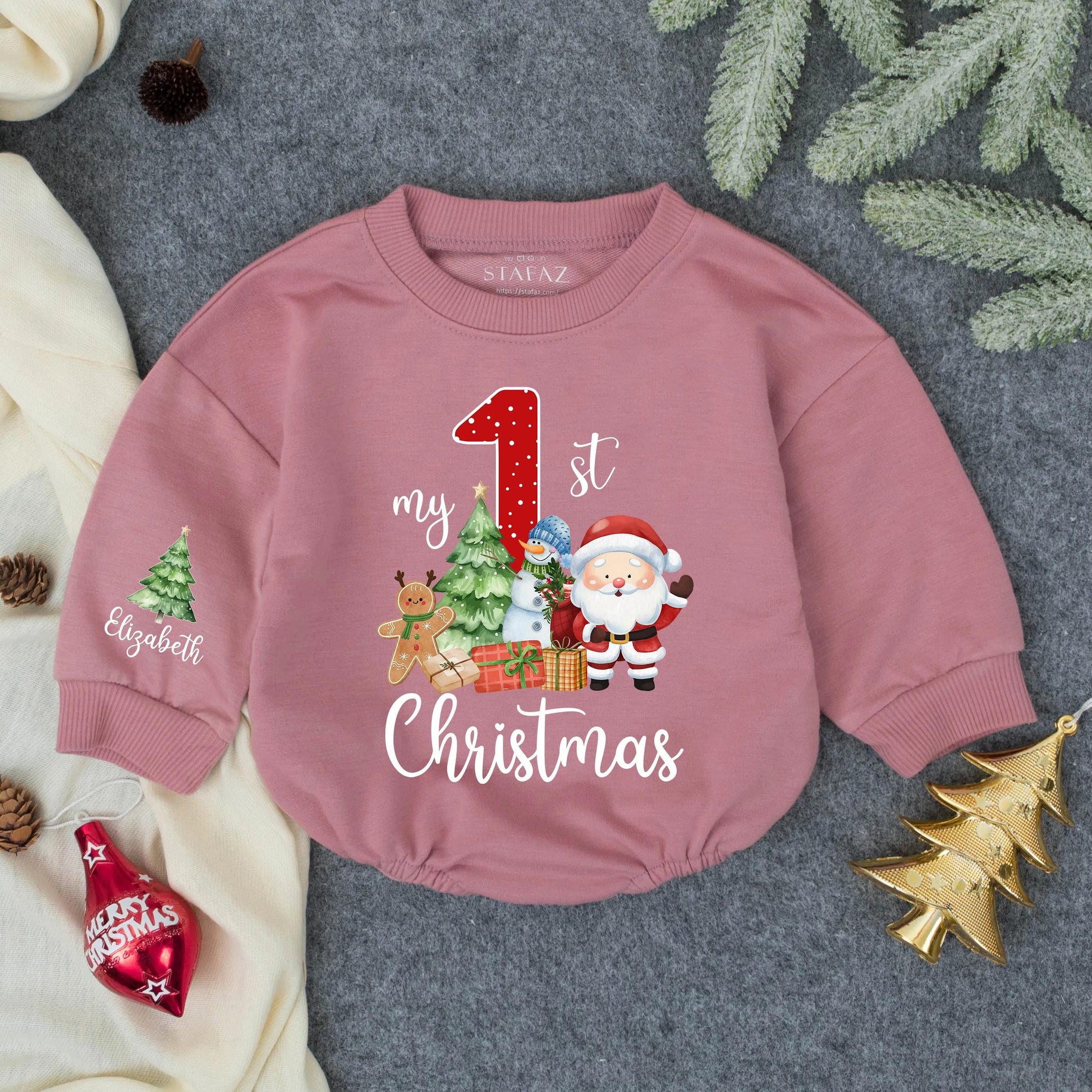 Personalized 1st Christmas Baby Romper Outfit, Custom Name Emma Snowman Holiday Sweatshirt, Red Polka Dot Xmas Gift, Cute Toddler Clothes (139 chars)