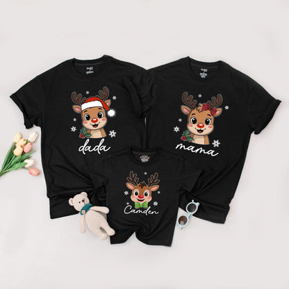 Custom Reindeer Christmas Family Shirts for Kids & Toddlers: Santa Hat & Name Design, Matching Xmas Tee, Soft Cotton
