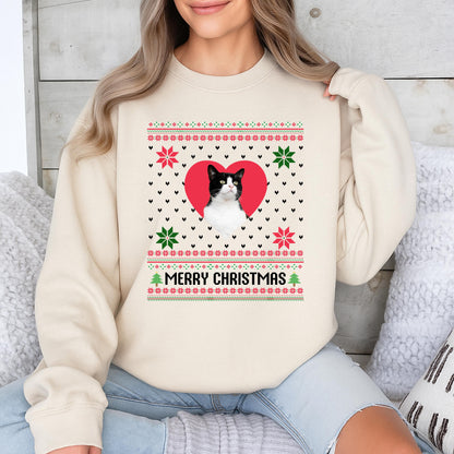 Custom Cat Photo Ugly Christmas Sweater Funny Pet Lover Holiday Sweatshirt Kitsch Snowflakes Merry Christmas Tree Graphic