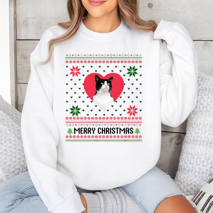 Custom Cat Photo Ugly Christmas Sweater Funny Pet Lover Holiday Sweatshirt Kitsch Snowflakes Merry Christmas Tree Graphic